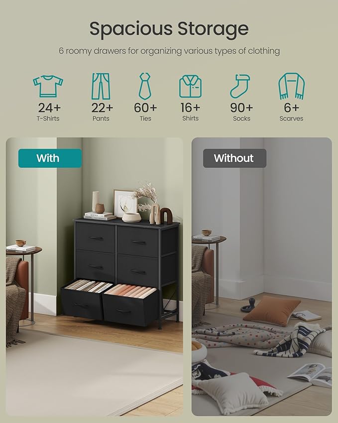 SONGMICS Dresser for Bedroom, Chest of Drawers, TV Stand, Steel, MDF, 6 Non-Woven Fabric Drawers, Storage Organizer Unit, Closet, Entryway, Ink Black and Ebony Black ULGS123B01S