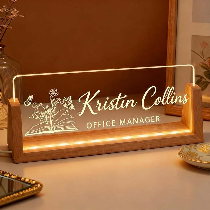 Personalized LED Name Plate for Desk, Light Up Acrylic Office Decor Desk Name Plate with Wooden Base, Custom Name Logo Quote, Appreciation Gifts for Boss Coworkers Employee Women Men (Logo)