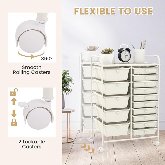 ARLIME 15-Drawer Storage Cart, 15 Drawer Trolley, Rolling Organizer Cart, Scrapbook Paper Organizer, Suitable for Office and School, Rolling Office Storage Tools (White)