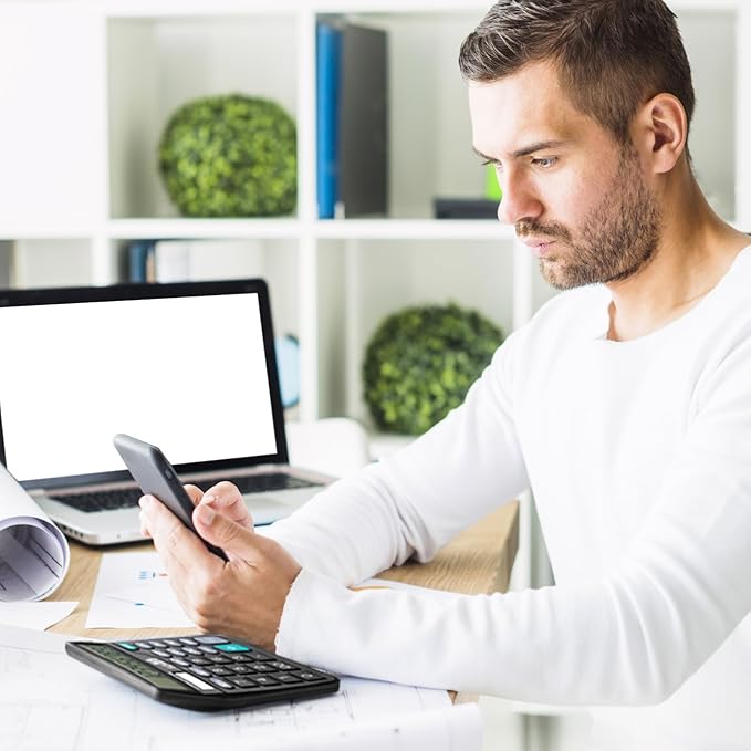 M&G Desk Calculator 12 Digit Office Calculators with Large LCD Display, Dual Solar Power and Battery, Recessed Big Button Calculator for Office Home (Black, Pack of 5)