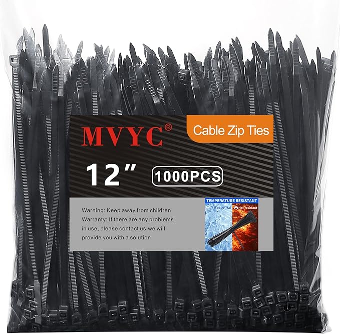 1000PCS Zip Ties 12 Inch Heavy Duty 50lbs UV Resistant Zip Black Cable Straps Self-locking Wire Ties for Electrical Management Indoor & Outdoor Use