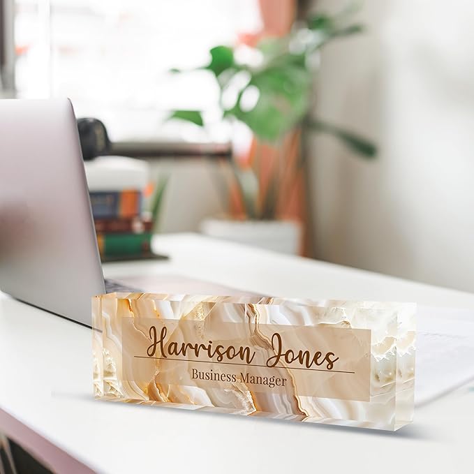 Personalized Name Plate for Desks, Custom Desk Name Plates, Acrylic Name Plate Office Desk Accessories, Personalized Office Gifts for Coworkers Teachers, Employee Appreciation Gifts (B-Gold Flowing)