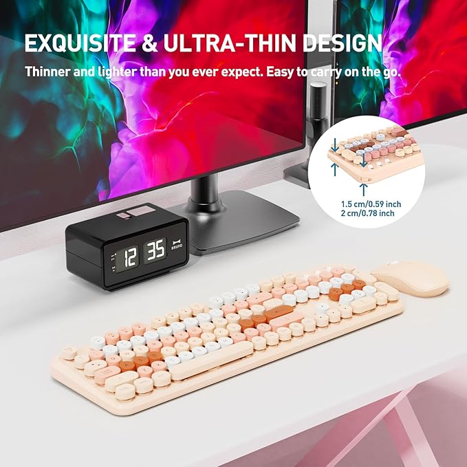 FOPETT Wireless Keyboard and Mouse Combo, 105 Keys Full-Sized 2.4 GHz Round Keycap Colorful Keyboards, USB Receiver Plug and Play, for Windows, Mac, PC, Laptop, Desktop (Milkteacolorful)