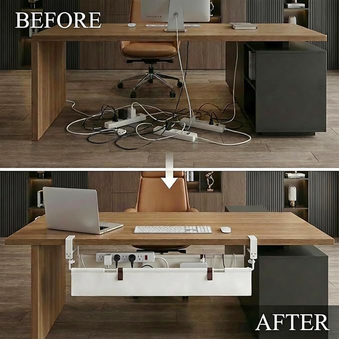 [Upgraded] Under Desk Cable Management, 36" Cord Organizer, with Silicone Pads (No Scratch!), 16 Cable Ties, Washable PE Honeycomb Base,Fits Any Desk 0-2.1", No Stinky Cardboard! Beige