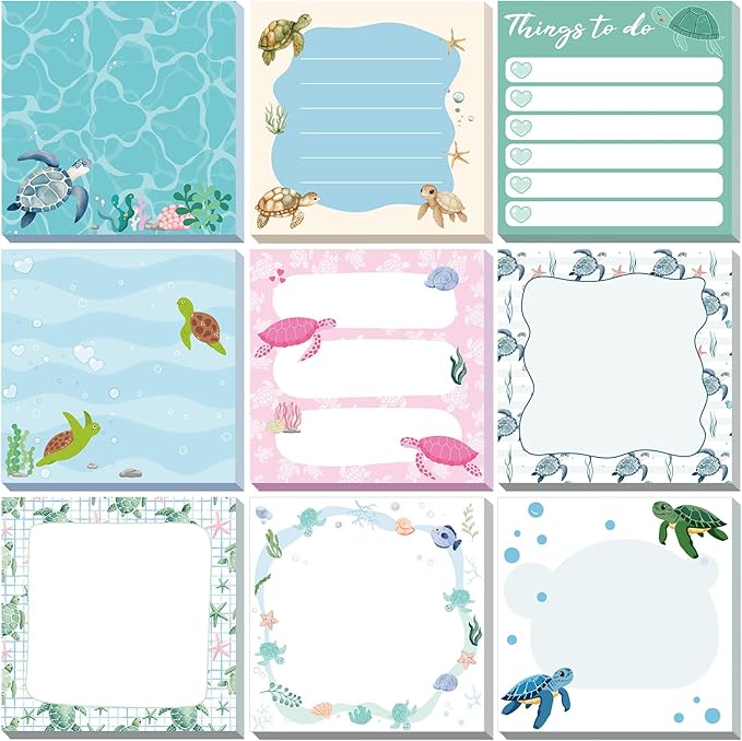 9 Pads Turtle Sticky Notes 3x3 Inch Cute Self Stick Notepads Notes Adhesive Memo Pad Office Decor Gifts for Students School Teacher Meeting Office Supplies
