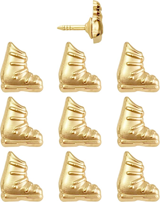 Ski Boot Push Pins - Gold Ski Boot Pins - for Cork Board, Maps, or Lapel Pin Use - Designed in USA - Set of 10
