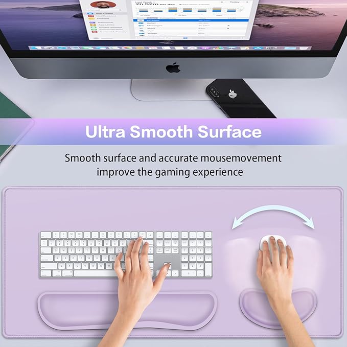 Desk Mat Purple, Large Gaming Mouse Pad with Wrist Rest, 4in1 XXL Mousepad+Keyboard Wrist Rest+Mouse Pad Wrist Support+Cup Coaster Set Ergonomic Computer Desk Arm Wrist for Decor Home Office Women