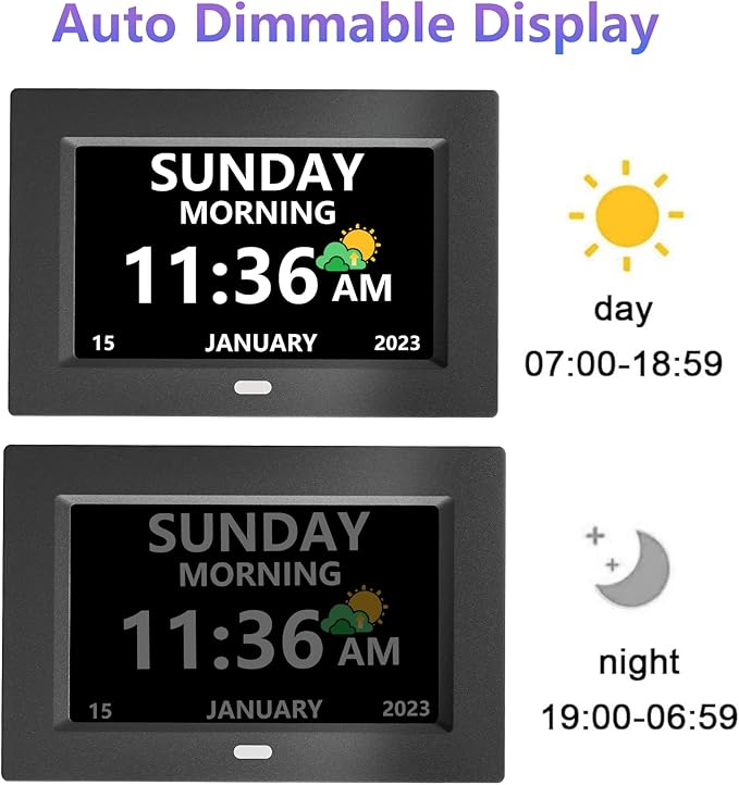 7 Inch Digital Clock with Day and Date for Elderly Alzheimer's Clock Customizable Alarms 3 Display Modes Large Font Alarm Clock for Seniors Auto DST Black
