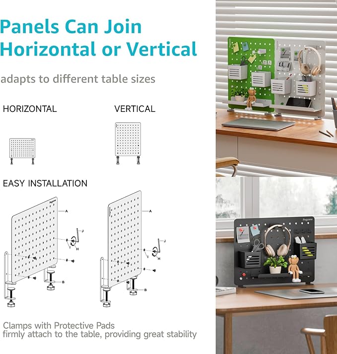 PEGZONE Clamp-on Desk Pegboard, Desk Organizer for Office Gaming Home, Magnetic Metal Peg Board with 10 Accessories, Privacy Panel for Office, 16.5" x 12.6", Medium, Black