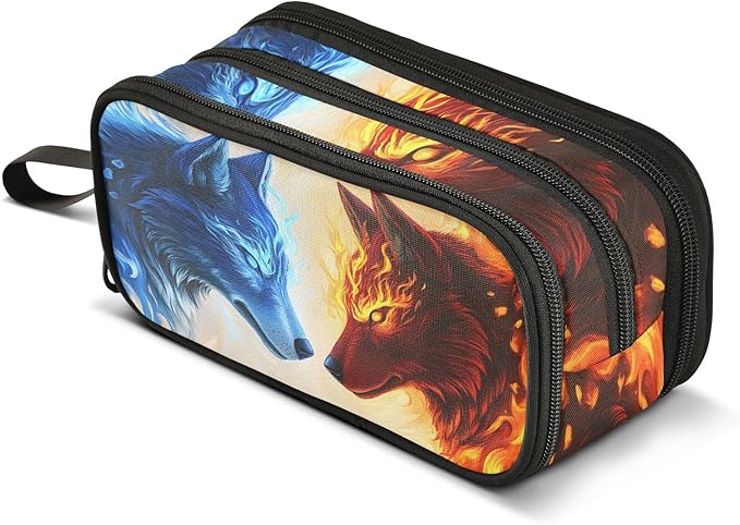 Wolf Ice Blue Fire Pencil Case Box Boys Girls Large Pencil Pouch with Zipper Compartments Big Capacity Stationery Pen Bag Organizer for Kids Teens Adults School