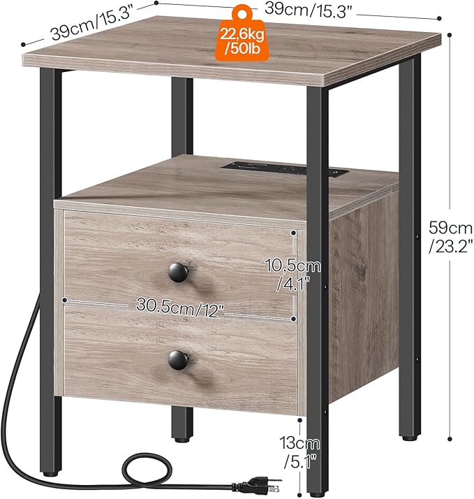 HOOBRO End Table with Charging Station, Bedside Table with 2 Drawer & USB Port & Type-C Port, Nightstand for Small Spaces, Stable and Sturdy, for Living Room, Greige and Black BG43UBZ01