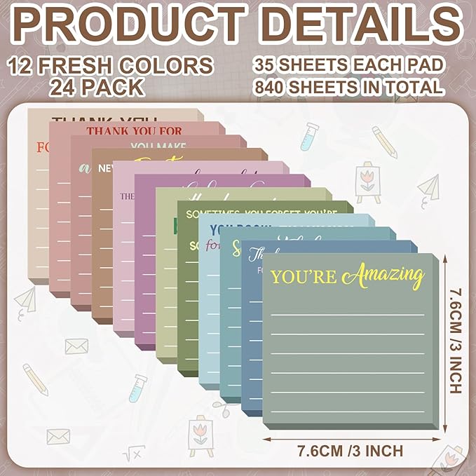 Yinder 12 Pcs Employee Appreciation Sticky Notes New Year Gift Bulk Motivation Sticky Note Pads Inspirational Gift for Teacher Nurse Staff Coworker Office Supply 3 x 3'' (Appreciation,Morandi Color)