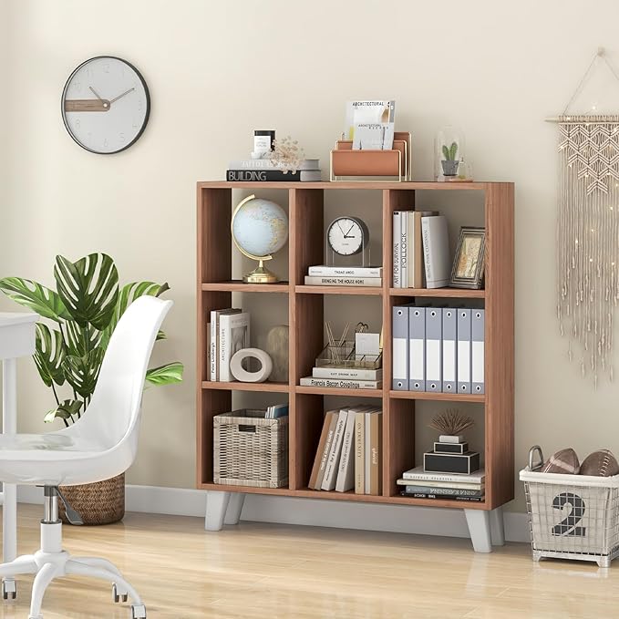 Giantex 9-Cube Open Bookcase of 2, 3-Tier Freestanding Bookshelf with 4 Slanted Legs & 6 Removable Shelves, Modern Cubby Storage Organizer, Wood Display Book Shelf for Living Room Bedroom Study, Brown