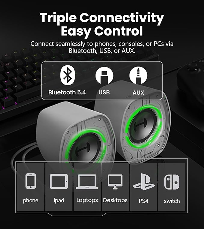 Edifier G1000 II Desktop Computer Speakers for Gaming, 2.5" Full-Range Driver & Enhanced Bass, Bluetooth 5.4 USB-C AUX, 9 Dynamic RGB Lighting Modes for PC - White
