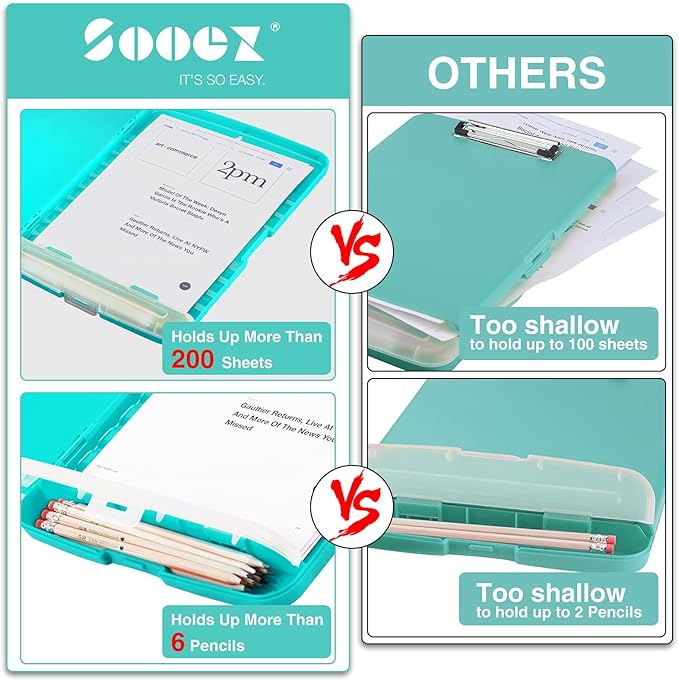 Sooez Clipboard with Storage, High Capacity Nursing Clip Board 8.5 x 11 with Pen Holder & Low Profile Clip, Plastic Clipboards Case Box, Teacher Must Haves School Office Supplies,Letter Size/ A4