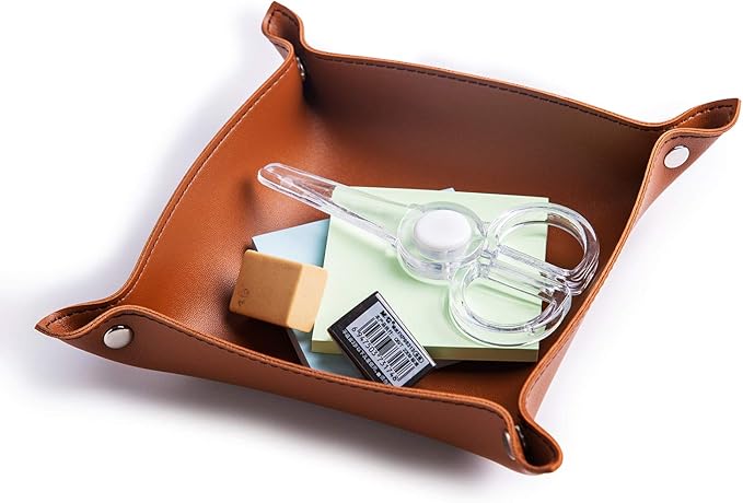 SANQIANWAN PU Leather Jewelry Valet Tray for Women and Men, Portable Entryway Table and Bedside Nightstand Desk Catchall Travel Dish Plate for Key, Wallet, Watch, Coin (Brown-B)