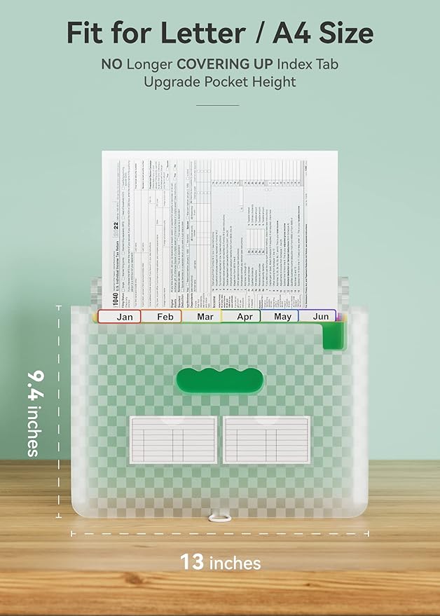 ABC life 12 Pockets Accordion File Organizer Expanding File Folders, Portable Monthly Bill Receipt Document Organiser, Expandable Accordian Filing Folder Letter A4 Size, Colored Tabs (Green)