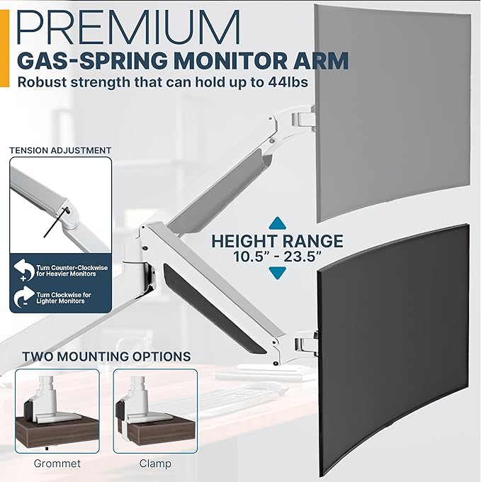 Premium Height Adjustable Single Monitor Arm Stand: Desk/Grommet Mount, Gas Spring Lift, VESA 75x75 or 100x100mm, Flat Curved Ultrawide Computer Screens up to 49in and 44lbs, Silver