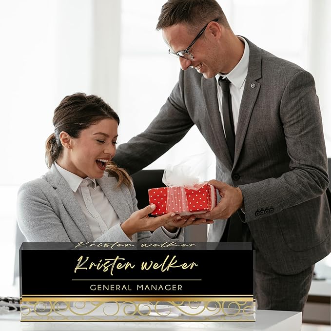 Custom Name Plate for Desk, Desk Name Plate Personalized, Office Decor for Women Men, Acrylic Desktop Accessories, Office Gifts for Coworkers Boss Teacher, Employee Appreciation Gifts (Black/Gold)