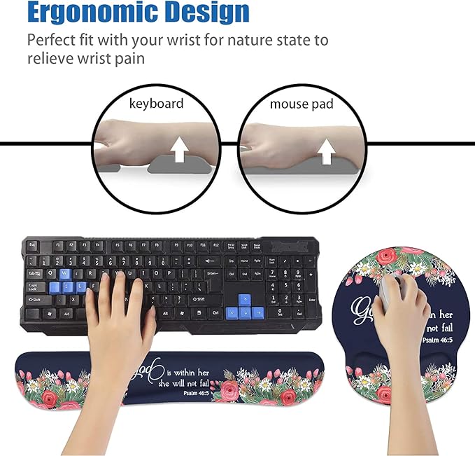 Keyboard Wrist Rest and Mouse Pad Wrist Rest Support Set, Non-Slip PU Base for Gaming and Office, Comfortable & Lightweight for Easy Typing & Pain Relief, Floral Quote Bible Verses Psalm 46:5
