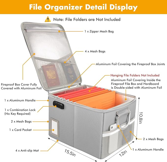 TOMKID 5200°F Fireproof Document Box, Fire Important Document Organizer with Lock, Upgraded Heat Insulated Filing Storage Cabinet Office Organization (5200°F Fireproof Box, Silver)