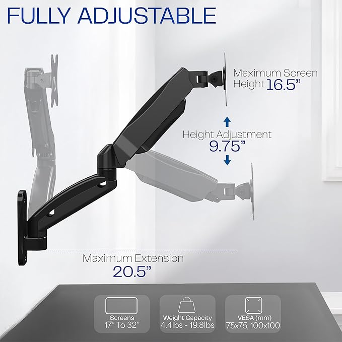 VIVO Single Monitor Counterbalance Wall Mount for 32 inch Screens up to 19.8 lbs, Full Motion, Max VESA 100x100, Black, MOUNT-V001G