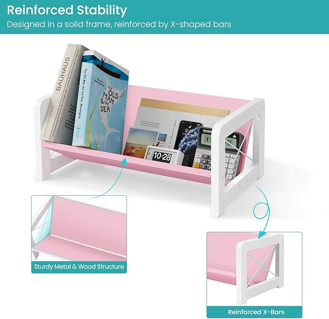 ELITEROO Tabletop Bookshelf, Simple Wood Book Organizer for Desk, Tilted Table Bookcase, Small Desktop Book Rack for Cookbook Display, Kids Reading, Office Storage, Pink