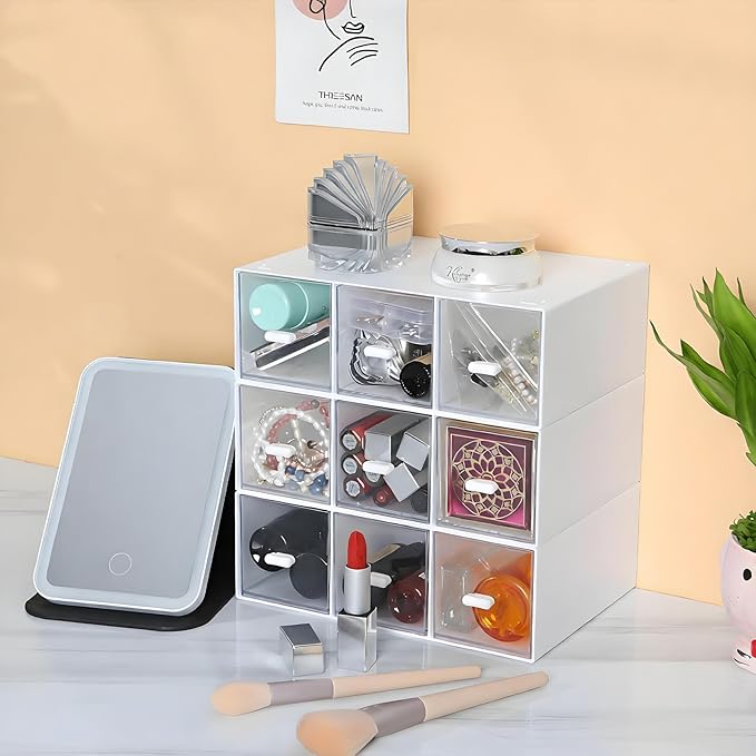 Desktop Drawers, Desk Organizer with 9 Drawers, Stackable Plastic Storage Box for Home Collection, Cosmetics, Office Supplies (3 Tall Layers, White)