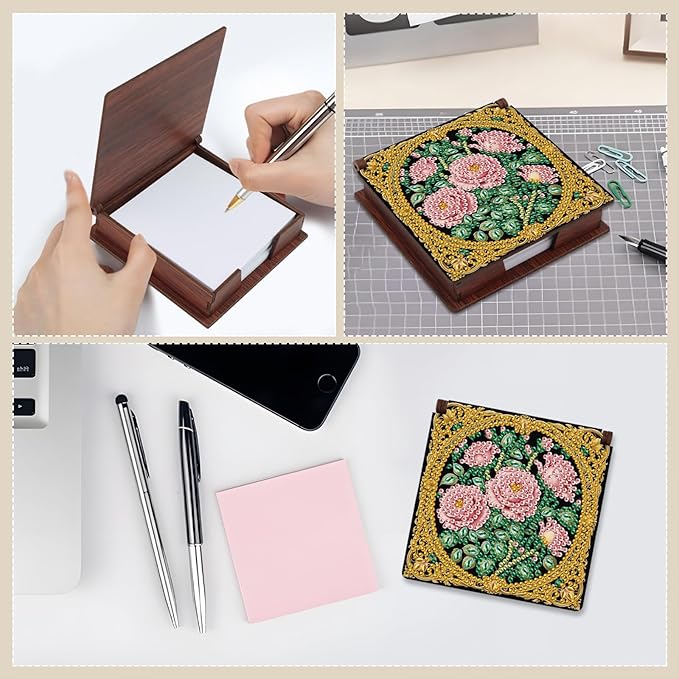 Wooden DIY Rose Diamond Art Notecard Box – DIY Gem Art Sticky Note Holder for Adults 160 Sheets Memo Pad Storage Desk