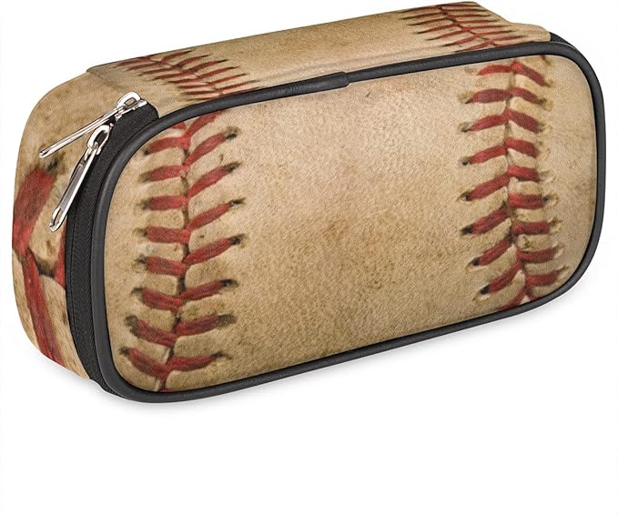 Pardick Sport Big Capacity Pencil Pen Case Old Baseball Large Pencil Pouch with Zipper Compartments Pencil Bag for Boys Girls Adults Student Office School Supplies