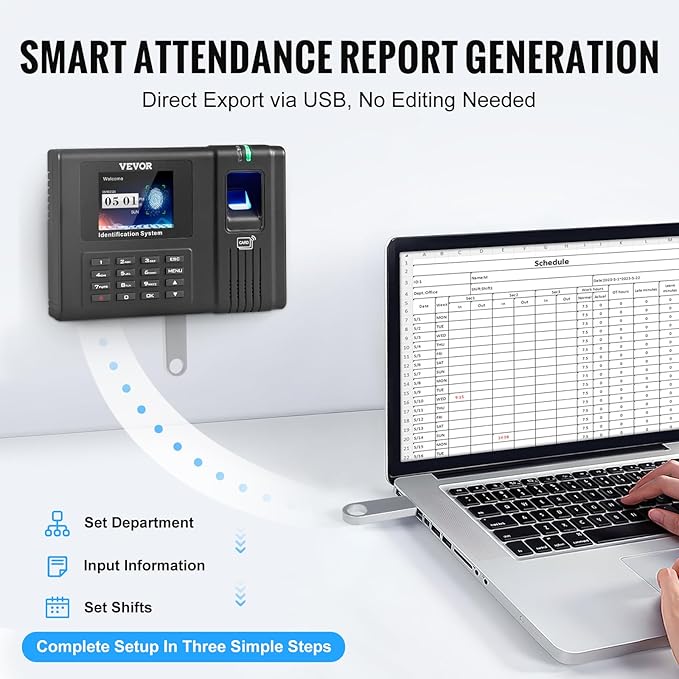 VEVOR Time Clock, Employee Attendance Machine with Fingerprint, RFID and PIN Punching in One, Standalone Biometric Clock in Machine for Employees Small Business with 5 RFID Cards & No Monthly Fees