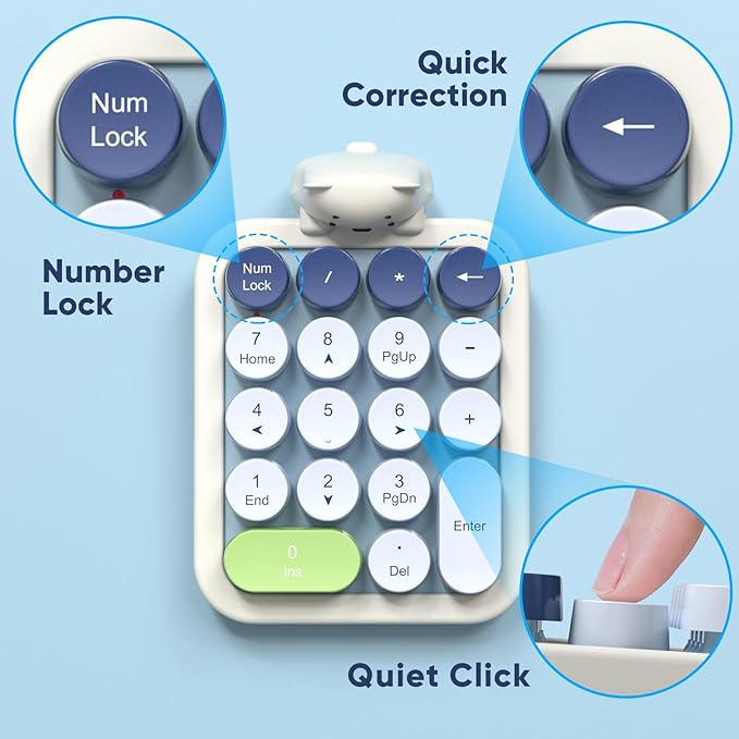 MOFII Wireless Number Pad with Bear - Mixed Blue Numeric Keypad 18 Keys 2.4G Round Keycap Colorful Extensions Cute Numpad, Portable Accounting Financial Retro Numpad 10 Key for Laptop/PC/Notebook