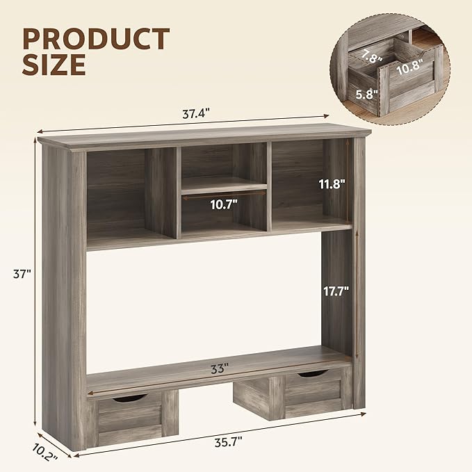 Desktop Bookshelf with Computer Monitor Stand, 37.4''W Desk Shelf Display Rack, Desktop Organizer Storage Rack with 4 Cubbies and 2 Drawers, 5-Tier Desk Hutch for Home, Office, Dorm, Vanity