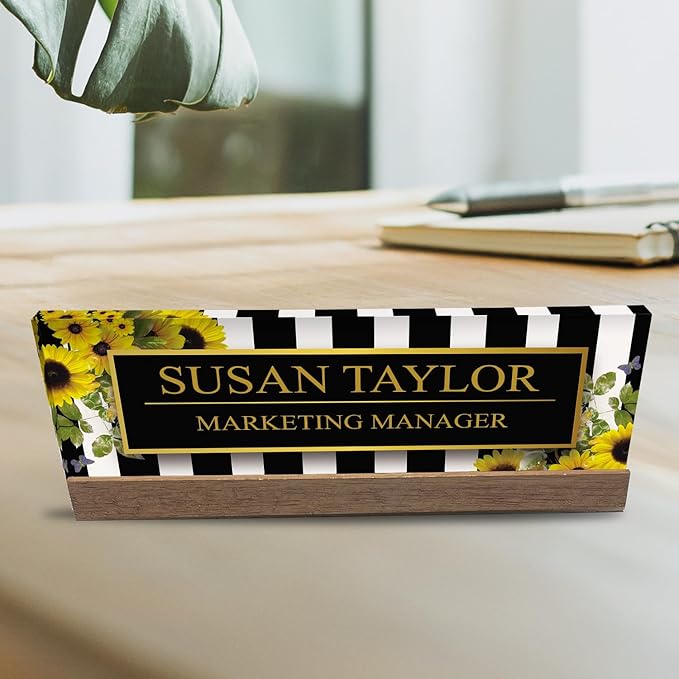 Artblox Office Personalized Name Plate for Desk with Business Card Holder On Clear Acrylic Glass Sunflower Flowers Design Custom Desk Name Plate with Your Name and Credentials Customized Gift