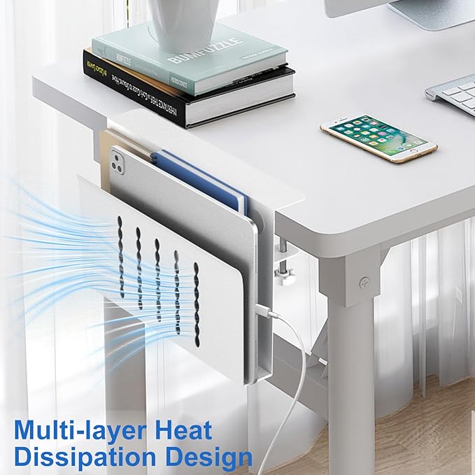 HAMOPY Desk Side Storage, Single-Layer Steel Hanging Desk Organizer with Magnetic Pen Holder, No Drilling Desk Drawer Cable Management Tray, Under Desk Laptop Holder for Office, School&Home(White)