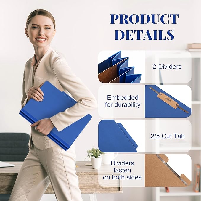 Skyygemm 24 Pcs Classification Folders Letter Size Bulk - 2 Dividers Pressboard File Folder with 3.5 Inch Expansion, 2 Prongs Fastener, Heavy Duty Office File Organizer for Teacher Medical (Dark Blue)