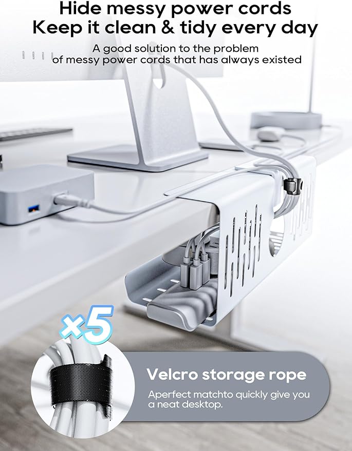 NODOCA No Drill Under Desk Cable Management Tray, 14'' Wire Management, Punch-Free Clamp on, Metal Cable Tray, Wire Organizer, Under Desk Basket for Office and Home, White