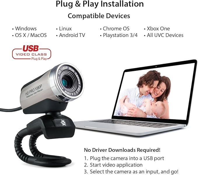 Stopmotion Explosion USB 2.0 HD Pro Widescreen Video Full 1080p Webcam with Built in Microphone and Flex Stand for Windows PC, Laptops and Apple OS X