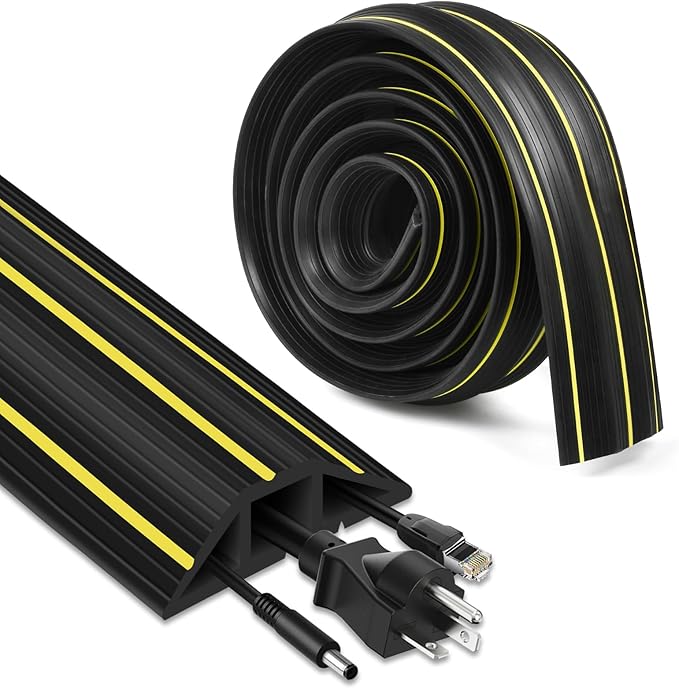 Floor Cord Cover, 10ft Cord Covers for Wires on Floor, Extension Outdoor Cable Cover Protector, Heavy Duty PVC Duct, 3 Channels Cord Hider Floor Cable Management, Black