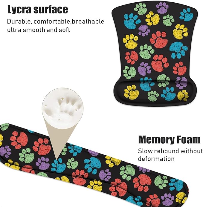 Keyboard Wrist Rest and Mouse Pad Wrist Support Set with Coasters, Non-Slip PU Base Ergonomic Gaming Mousepad for Computer Laptop Home Office Easy Typing & Pain Relief, Colorful Dog Paw Print