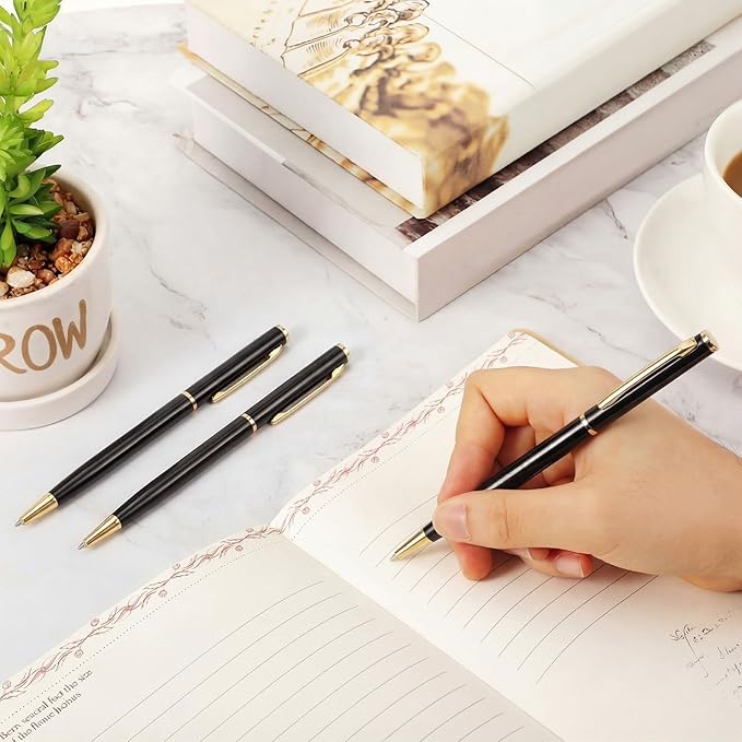 Zonon 15 Pcs Black Gold Metal Slim Ballpoint Pens Bulk Retractable Metallic Black Ink 1 mm Medium Point Smooth Writing Pens for Wedding Business Office Supplies Students Teachers Men Women Present