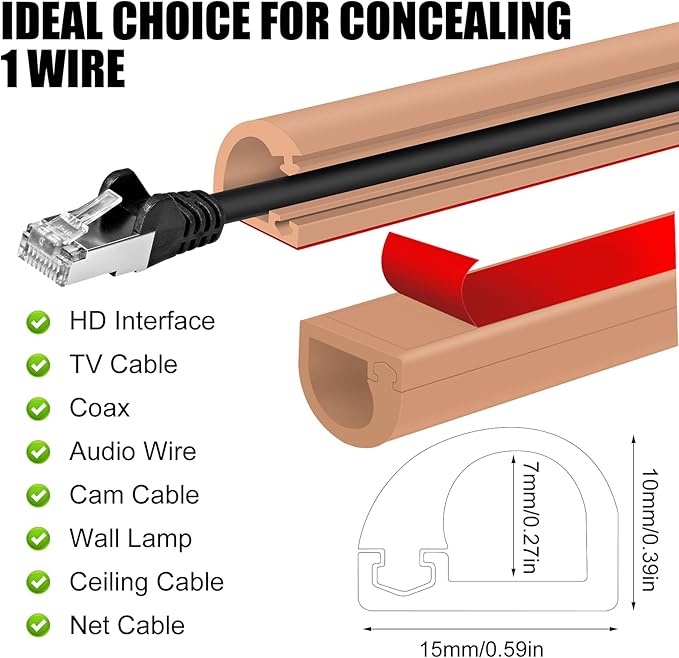 Self-Adhesive Cable Hider, Flexible Wire Cover Cable Raceway for Wires, Wall Mount TV, Home Audio, Network, Power, and Phone Line Managemen (Light Brown, 157inch)