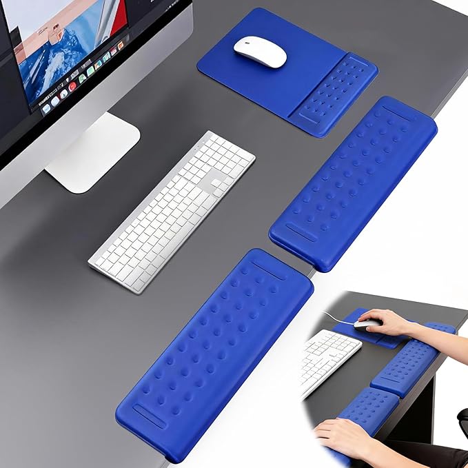 L-Shaped Desk Edge Cushion & Mouse Pad with Wrist Rest, 3-Piece Ergonomic Keyboard Wrist Support Set, Non-Slip Suction Cups, Massage Dot Design for Airflow, Dark Blue for Office and Gaming