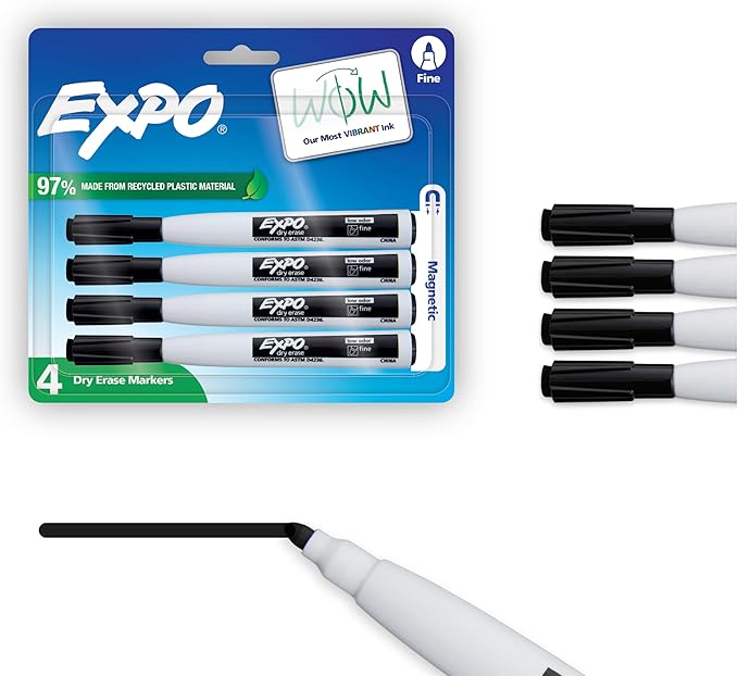 Expo Magnetic Dry Erase Markers with Eraser Fine Tip Black 4 Count