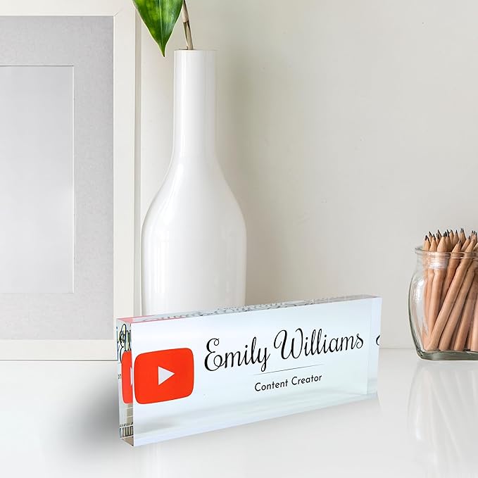 Customized Clear Acrylic Thick 8x3" Desk Name Plate Block with Personalized Logo - Professional Office Decor - Customized Acrylic Plate Gift for Teacher Co-workers (Logo (Clear Background))