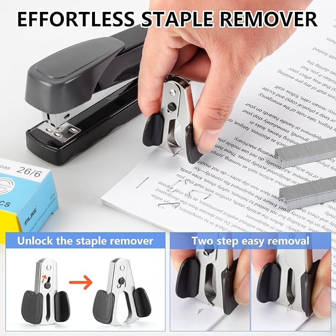 IMLIKE Metal Stapler Heavy Duty 50 Sheet Capacity, Full Strip Staplers for Desk with 6000 Staples and Staple Remover,No Jam, Non-Slip for Office & Classroom, Black