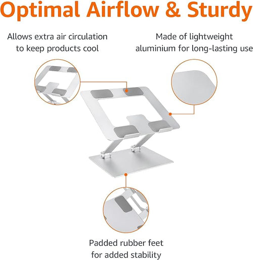 Amazon Basics Sturdy and Portable Ergonomic Laptop Stand for Desk, Adjustable Riser, Fits all Laptops and Notebooks up to 17.3 Inch, Silver, 10 x 8.7 x 6 in