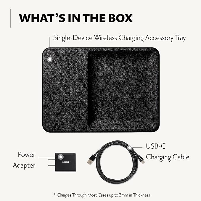 Courant Catch:3 Classics - Italian Leather Wireless Charging Station and Valet Tray (Black) - Compatible with iPhone 16, 15, 14, 13, 12, 11, Galaxy S24, S23, S22, S21, S20, Note, AirPods, AirPods Pro