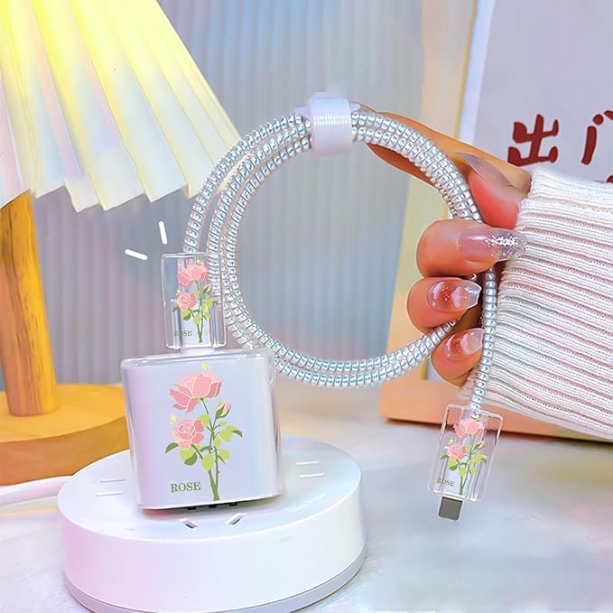 Flowers DIY Cable Protector for iPhone 18W/20W Charger,Pink Rose Pretty Design Transparent Data Line Cable Saver Phone Charging Protector for Apple Charger Case