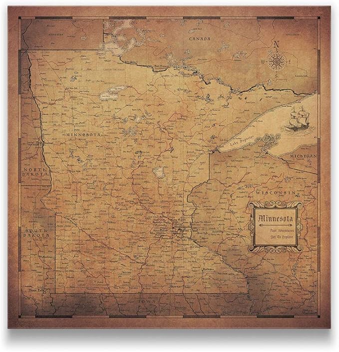 Push Pin Minnesota Map Board - With Push Pins to Mark Minnesota Travel - Handmade in Ohio, USA - Design: Golden Aged